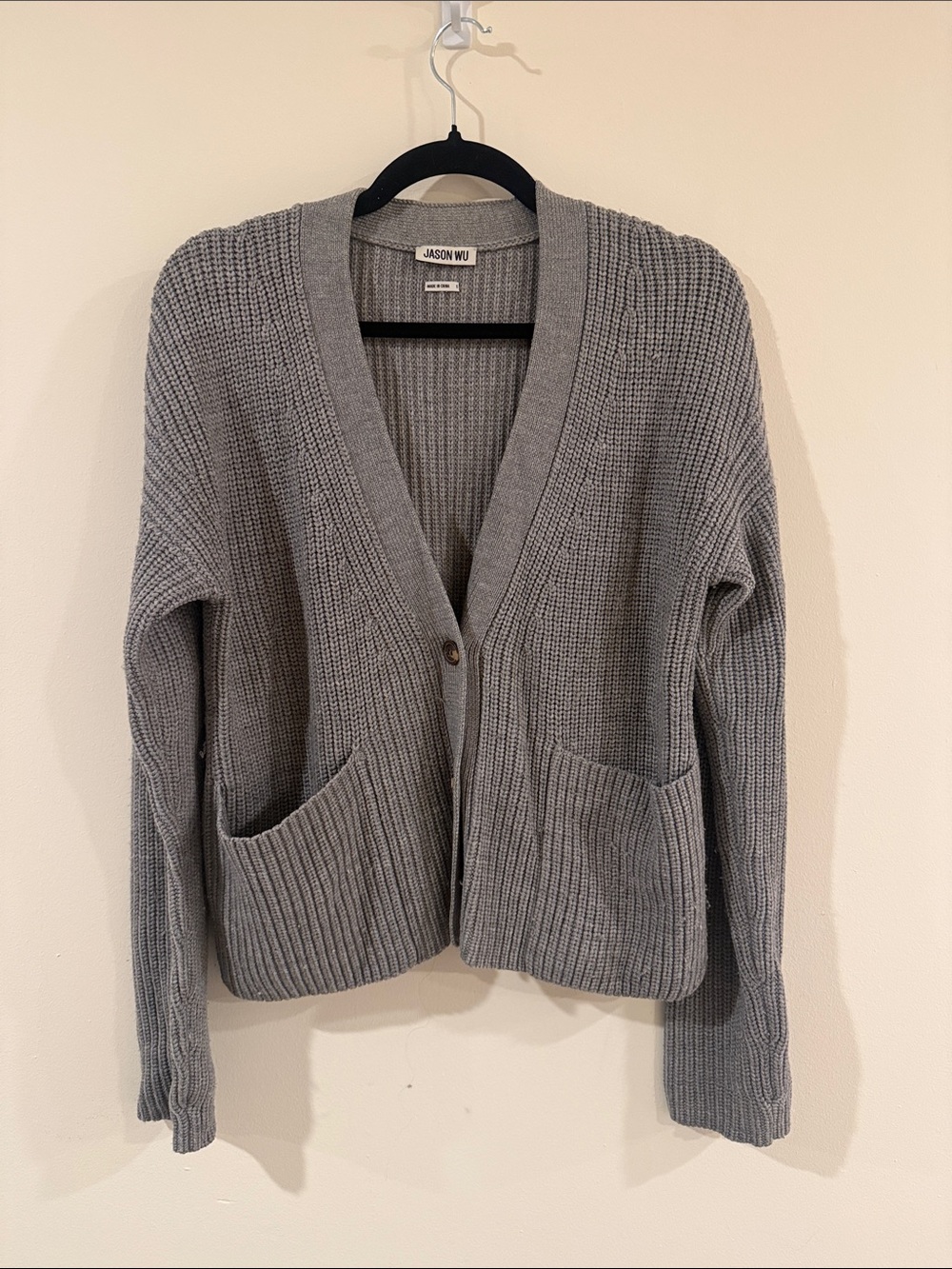 Jason Wu Light Gray Ribbed V-Neck Cardigan 100% Wool